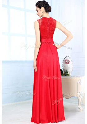 Free and Easy Scoop Red Chiffon Zipper Prom Dresses Sleeveless Floor Length Beading
