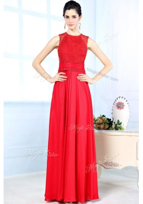 Free and Easy Scoop Red Chiffon Zipper Prom Dresses Sleeveless Floor Length Beading