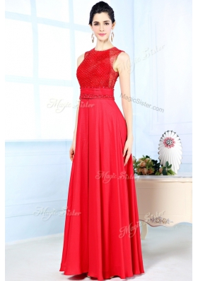 Free and Easy Scoop Red Chiffon Zipper Prom Dresses Sleeveless Floor Length Beading