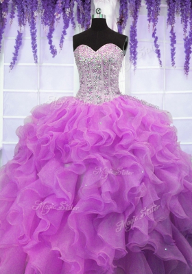Fuchsia Lace Up Sweetheart Ruffles Quinceanera Gowns Organza Sleeveless