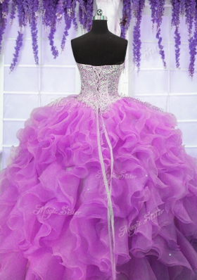 Fuchsia Lace Up Sweetheart Ruffles Quinceanera Gowns Organza Sleeveless
