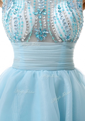 Gorgeous Knee Length Light Blue Party Dresses Scoop Sleeveless Zipper
