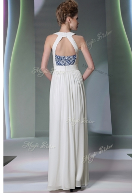 Halter Top White Sleeveless Floor Length Beading and Embroidery Zipper Prom Dresses