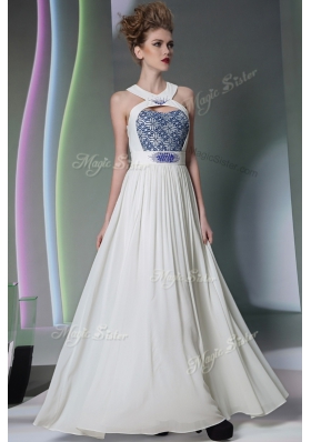 Halter Top White Sleeveless Floor Length Beading and Embroidery Zipper Prom Dresses