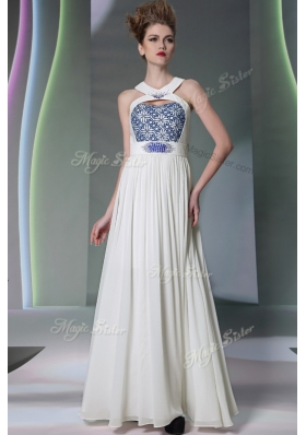 Halter Top White Sleeveless Floor Length Beading and Embroidery Zipper Prom Dresses