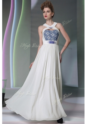 Halter Top White Sleeveless Floor Length Beading and Embroidery Zipper Prom Dresses