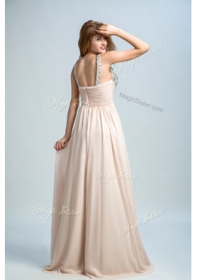 Latest Champagne Sleeveless Chiffon Brush Train Zipper Prom Dress for Prom and Party