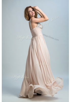 Latest Champagne Sleeveless Chiffon Brush Train Zipper Prom Dress for Prom and Party