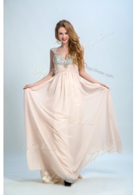 Latest Champagne Sleeveless Chiffon Brush Train Zipper Prom Dress for Prom and Party