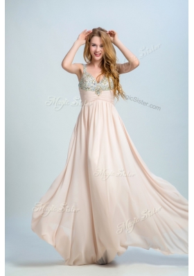 Latest Champagne Sleeveless Chiffon Brush Train Zipper Prom Dress for Prom and Party