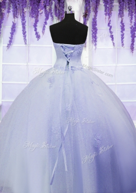 Light Blue Tulle Lace Up Sweetheart Sleeveless Floor Length Quinceanera Gown Appliques