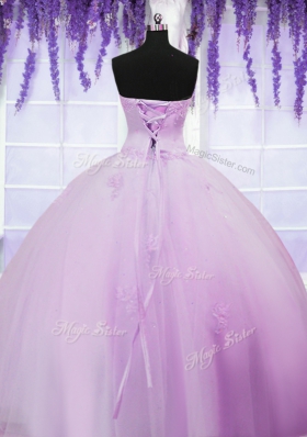 Lilac Tulle Lace Up Sweet 16 Dresses Sleeveless Floor Length Appliques