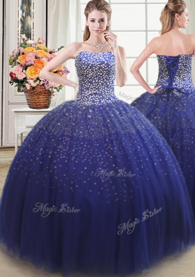 Modern Three Piece Floor Length Ball Gowns Sleeveless Royal Blue Quinceanera Dress Lace Up