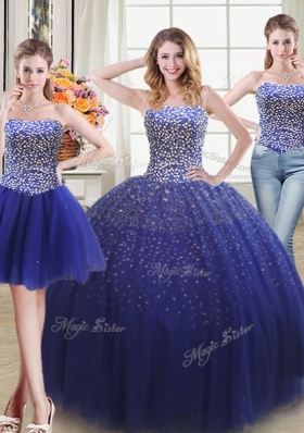 Modern Three Piece Floor Length Ball Gowns Sleeveless Royal Blue Quinceanera Dress Lace Up