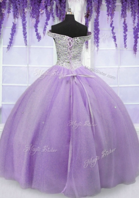 Off the Shoulder Short Sleeves Tulle Floor Length Lace Up Quinceanera Gowns in Lavender for with Beading