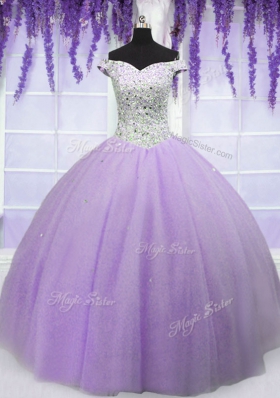 Off the Shoulder Short Sleeves Tulle Floor Length Lace Up Quinceanera Gowns in Lavender for with Beading