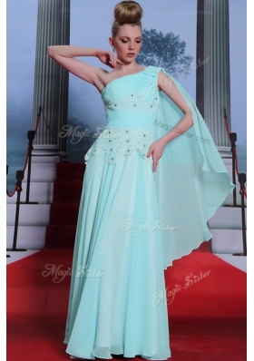 One Shoulder Floor Length Turquoise Prom Evening Gown Chiffon Sleeveless Lace and Ruching