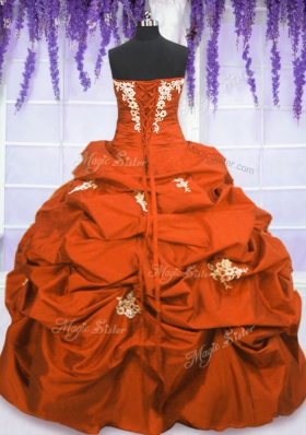Orange Red Ball Gowns Taffeta Strapless Sleeveless Appliques and Pick Ups Floor Length Lace Up Vestidos de Quinceanera
