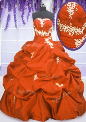 Orange Red Ball Gowns Taffeta Strapless Sleeveless Appliques and Pick Ups Floor Length Lace Up Vestidos de Quinceanera