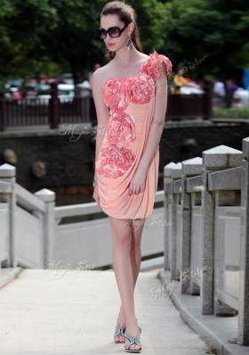 Peach Prom Evening Gown Prom and Party and For with Ruching and Hand Made Flower Sweetheart Sleeveless Zipper