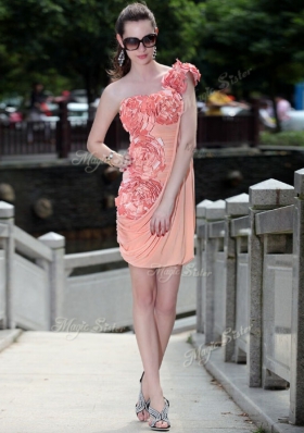Peach Prom Evening Gown Prom and Party and For with Ruching and Hand Made Flower Sweetheart Sleeveless Zipper