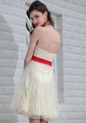 Popular White Backless Strapless Belt and Hand Made Flower Prom Party Dress Tulle and Lace Sleeveless