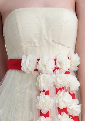 Popular White Backless Strapless Belt and Hand Made Flower Prom Party Dress Tulle and Lace Sleeveless