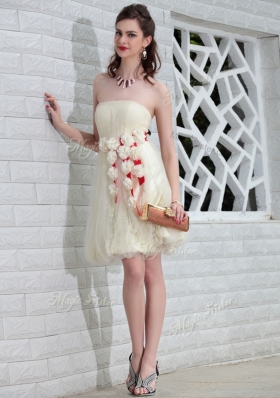 Popular White Backless Strapless Belt and Hand Made Flower Prom Party Dress Tulle and Lace Sleeveless