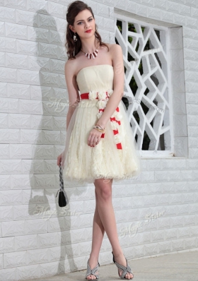 Popular White Backless Strapless Belt and Hand Made Flower Prom Party Dress Tulle and Lace Sleeveless