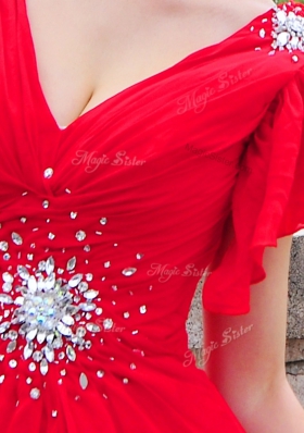 Red Cap Sleeves Brush Train Beading and Ruching With Train Evening Dress