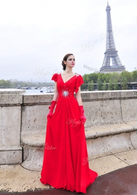 Red Cap Sleeves Brush Train Beading and Ruching With Train Evening Dress