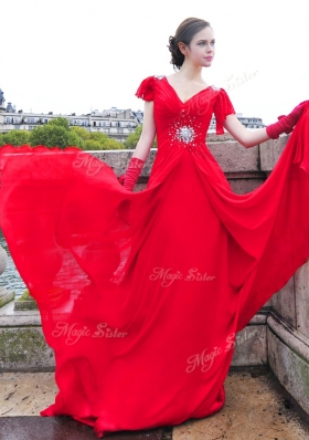 Red Cap Sleeves Brush Train Beading and Ruching With Train Evening Dress