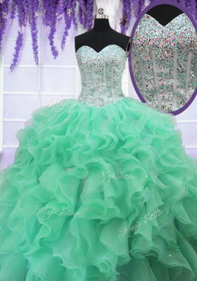 Romantic Apple Green Lace Up Sweetheart Ruffles and Sequins Quince Ball Gowns Organza Sleeveless