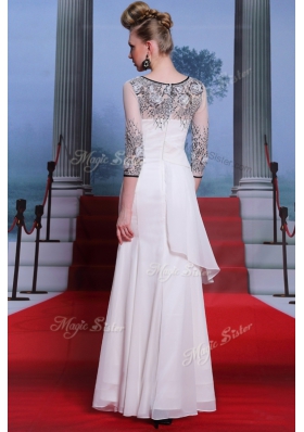 Scoop 3|4 Length Sleeve Chiffon Floor Length Zipper Dress for Prom in White for with Beading and Appliques