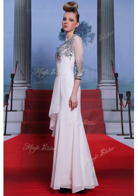 Scoop 3|4 Length Sleeve Chiffon Floor Length Zipper Dress for Prom in White for with Beading and Appliques