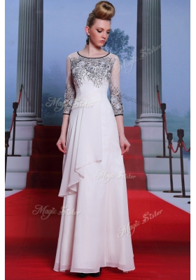 Scoop 3|4 Length Sleeve Chiffon Floor Length Zipper Dress for Prom in White for with Beading and Appliques