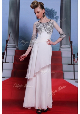 Scoop 3|4 Length Sleeve Chiffon Floor Length Zipper Dress for Prom in White for with Beading and Appliques