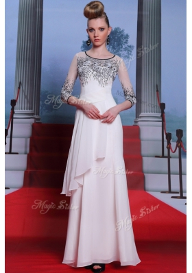 Scoop 3|4 Length Sleeve Chiffon Floor Length Zipper Dress for Prom in White for with Beading and Appliques