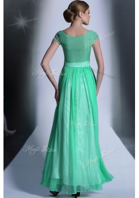 Scoop Floor Length Empire Cap Sleeves Turquoise Side Zipper