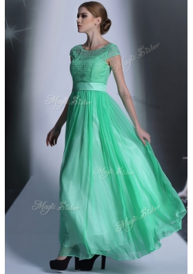 Scoop Floor Length Empire Cap Sleeves Turquoise Side Zipper