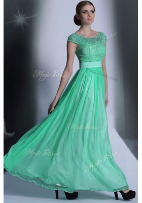 Scoop Floor Length Empire Cap Sleeves Turquoise Side Zipper