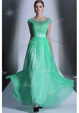 Scoop Floor Length Empire Cap Sleeves Turquoise Side Zipper