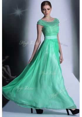 Scoop Floor Length Empire Cap Sleeves Turquoise Side Zipper