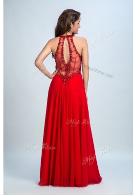 Scoop Sleeveless Homecoming Dress Floor Length Beading Red Chiffon