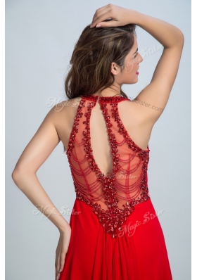 Scoop Sleeveless Homecoming Dress Floor Length Beading Red Chiffon