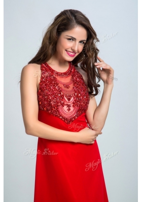 Scoop Sleeveless Homecoming Dress Floor Length Beading Red Chiffon