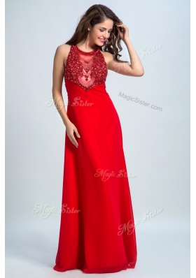 Scoop Sleeveless Homecoming Dress Floor Length Beading Red Chiffon