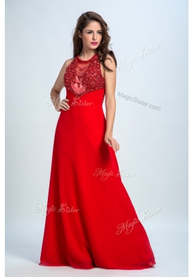 Scoop Sleeveless Homecoming Dress Floor Length Beading Red Chiffon