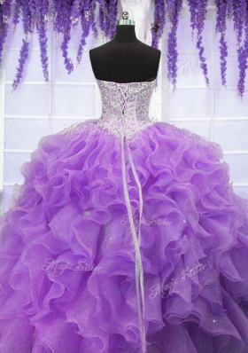 Sequins Lavender Sleeveless Organza Lace Up Ball Gown Prom Dress for Military Ball and Sweet 16 and Quinceanera
