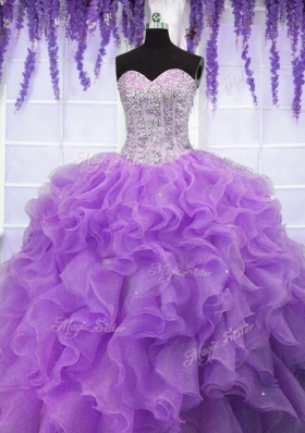 Sequins Lavender Sleeveless Organza Lace Up Ball Gown Prom Dress for Military Ball and Sweet 16 and Quinceanera